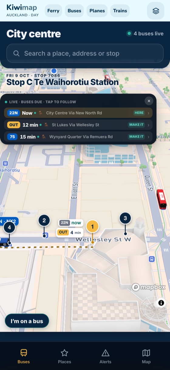 Stop board with the next buses at Te Waihorotiu Station