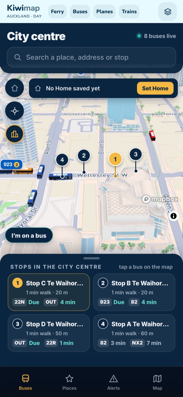 Kiwimap on iPhone: live buses at Wellesley Street with stop boards